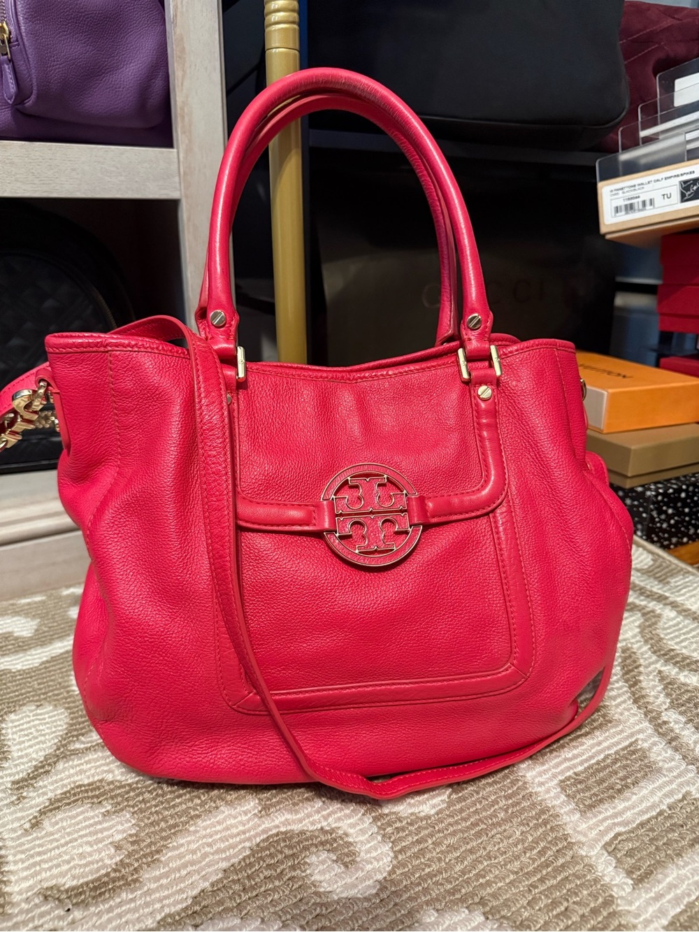 Tory Burch Bright Pink Pebbled Leather Shoulder Bag